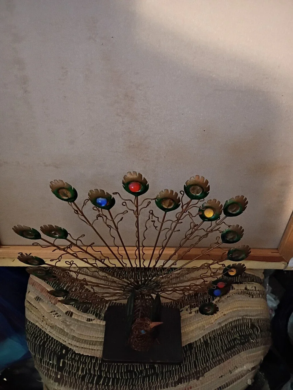 Vintage Metal Peacock Table Sculpture with Multicolor Glass Eyes
